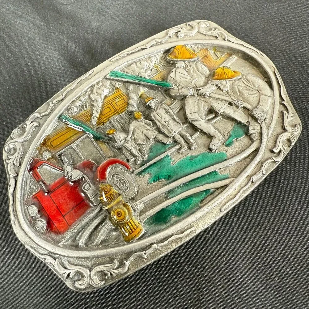 Vintage 90s C&J Firefighters At Work Belt Buckle Colored Enameled 3.5